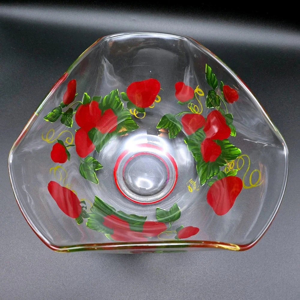 Hand Painted Strawberry Glass Serving Salad Bowl Triangular‎ Ruffled Clear Red